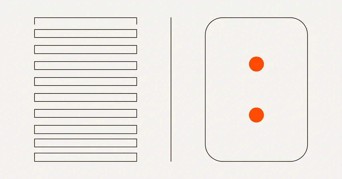 Diagramm, das eine Liste von zehn klassischen Ergebnissen einem einzelnen Antwortblock mit nur zwei orangefarbenen Punkten gegenüberstellt