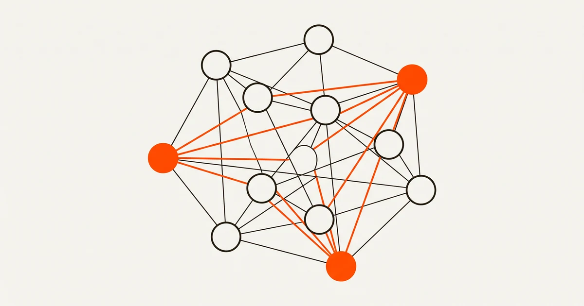 Diagramm eines Netzes verbundener Kreise, drei davon orange, mit dickeren Linien von diesen ausgehend