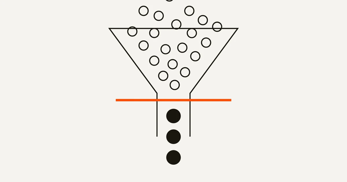 Diagramm eines Trichters mit vielen eintretenden Kreisen, einer orangefarbenen Filterlinie und nur drei größeren Kreisen am Ausgang
